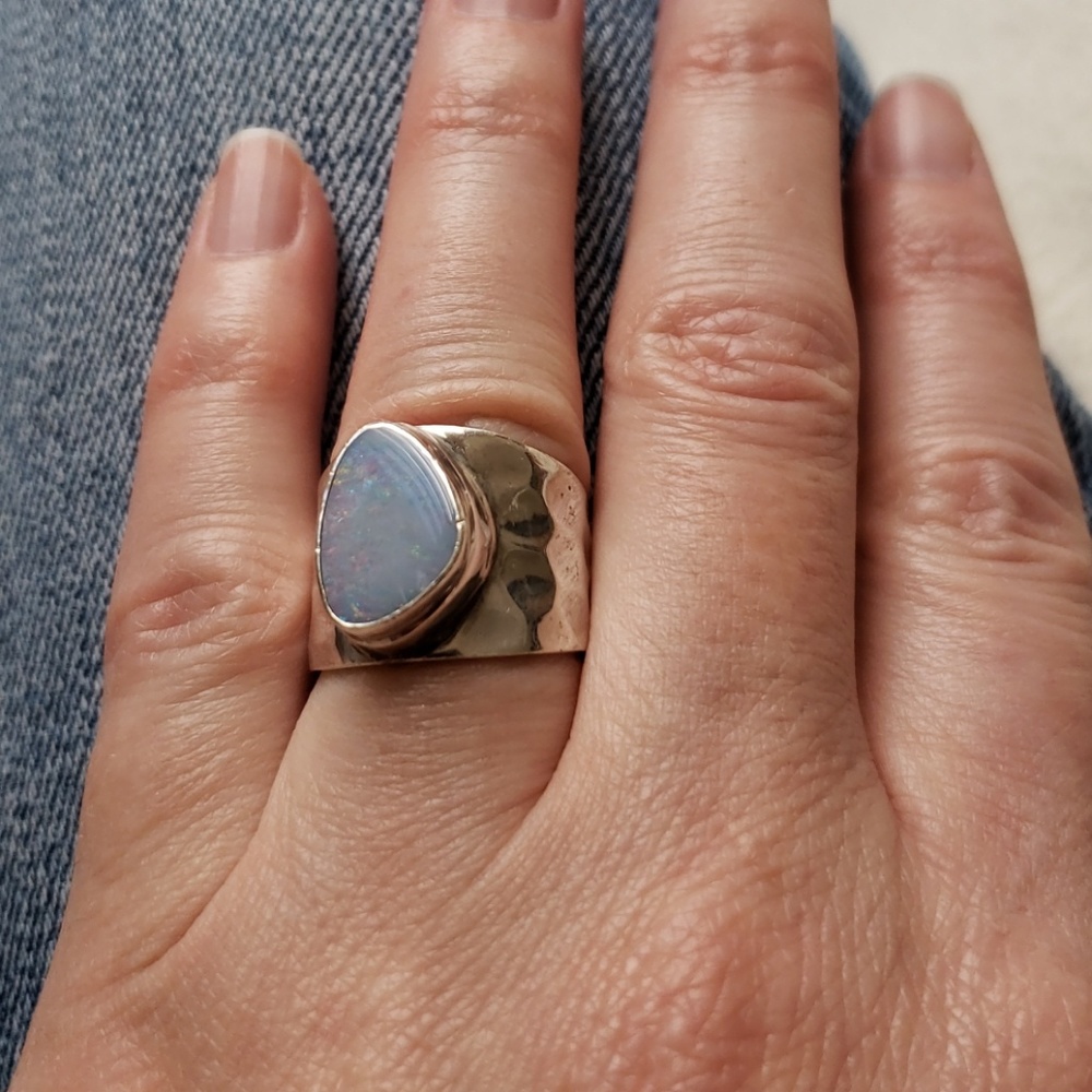 Sterling Silver Blue Opal Teardrop Band Ring